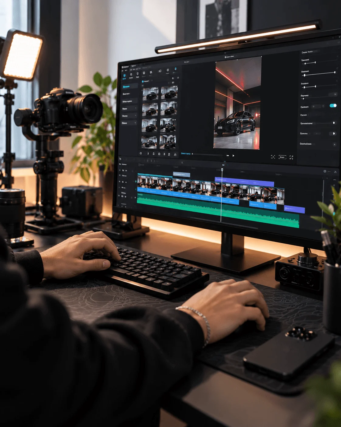 Editor trabajando en la línea de tiempo de un video